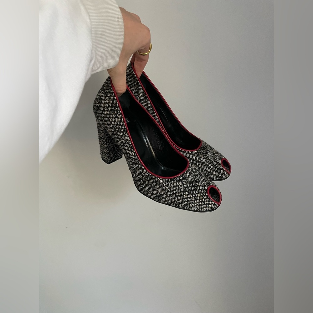 Casadei Tweed Peep Toe Heels Size 8.5